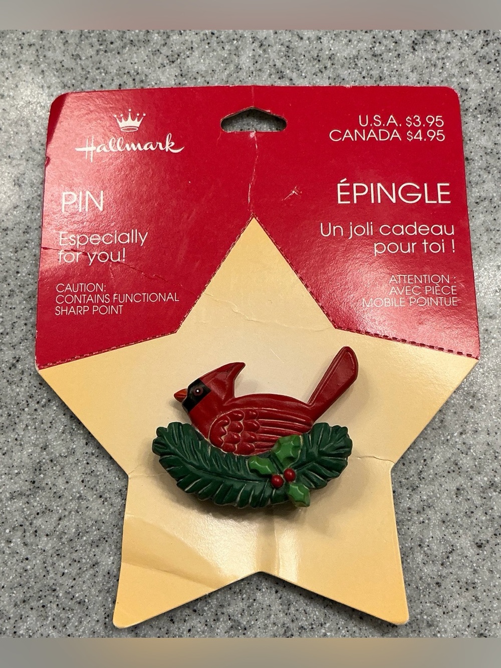 Hallmark Red Cardinal Brooch with Green Holly